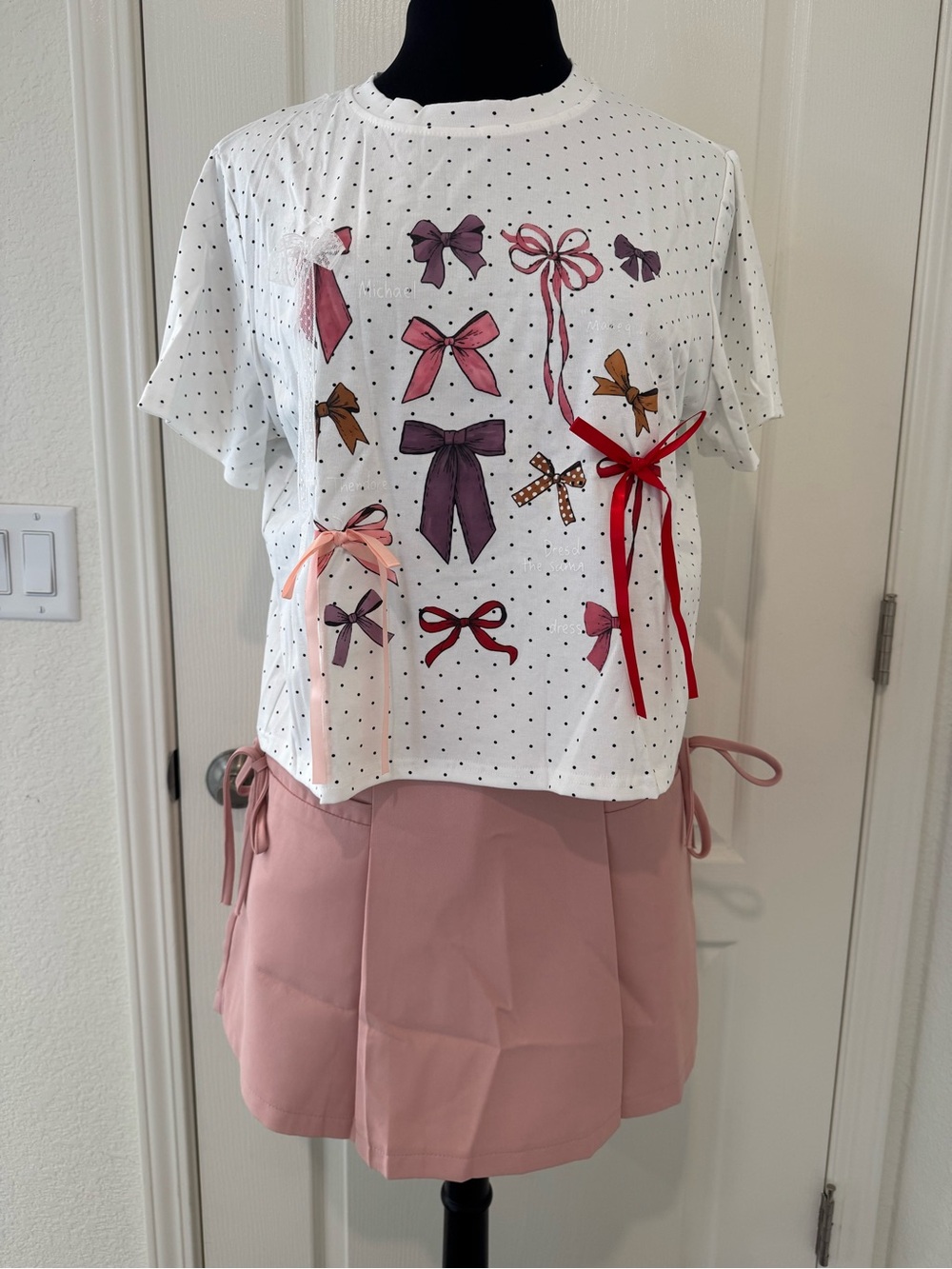 White Polka Dot Bow Print Crop Top and Pink Skorts